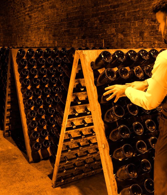 Bottles being riddled by hand in the Krug Cellar