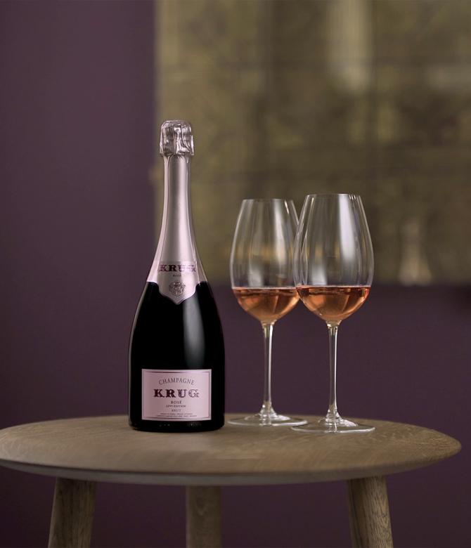 A bottle of Krug Rosé with two glasses