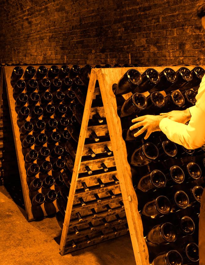 Bottles being riddled by hand in the Krug Cellar